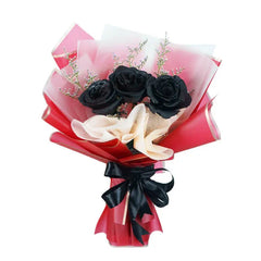 Buket bunga mawar hitam elegan, kemasan merah & pita hitam, online florist terpercaya