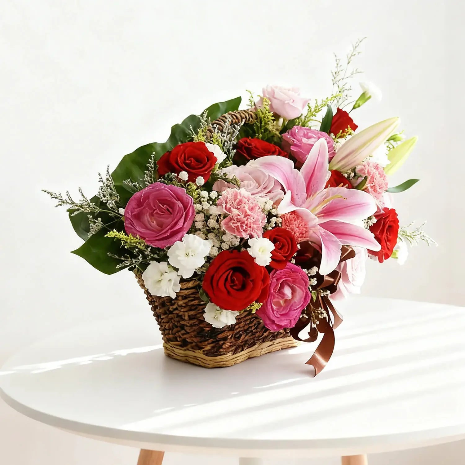Bunga segar dalam keranjang anyaman, ideal untuk hadiah dari online florist terpercaya