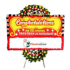 Bunga papan selamat pembukaan restoran dari online florist, rangkaian bunga merah kuning putih