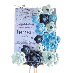 Bunga kertas biru dan putih untuk ucapan selamat pembukaan cafe, online florist