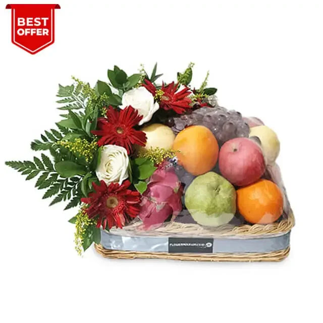 Bunga dan buah segar dalam keranjang, penawaran terbaik dari online florist