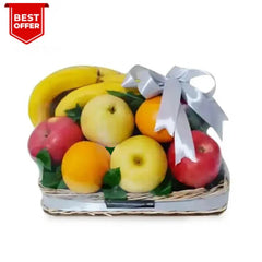 Keranjang buah segar dengan apel, jeruk, pisang, hiasan pita, penawaran terbaik dari online florist