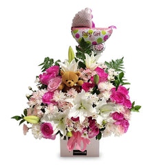 Bunga segar untuk bayi perempuan dengan balon 'Baby Girl' dan boneka, dari online florist terpercaya