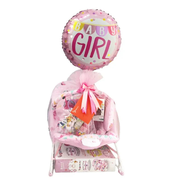 Hadiah bayi perempuan dengan balon 'Baby Girl', kereta mainan pink, dan dekorasi manis dari online florist