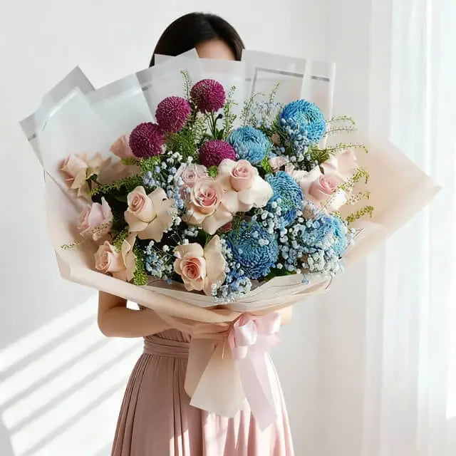 Buket bunga cantik dengan mawar pink dan biru, ideal dari online florist untuk hadiah spesial