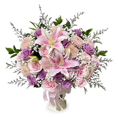 Bouquet bunga mawar dan lili warna ungu dan pink, online florist terpercaya
