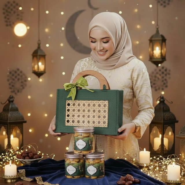 Wanita memegang hadiah Ramadhan dengan dekorasi lampu, cocok untuk online florist