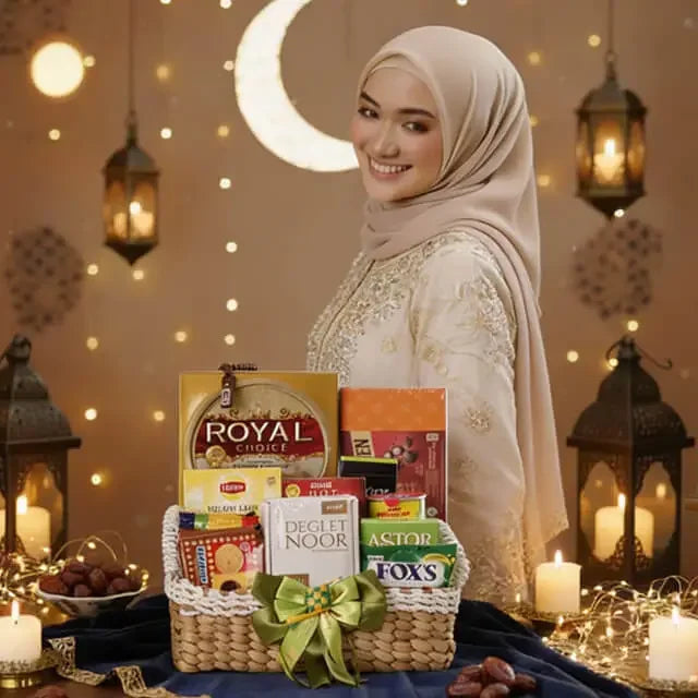 Wanita berhijab dengan keranjang hadiah Ramadan, bunga & camilan, online florist terpercaya