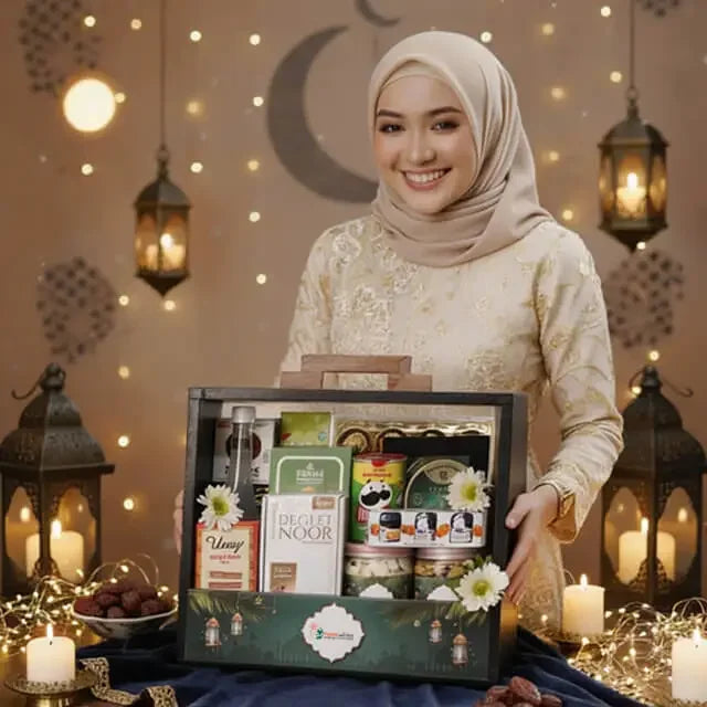 Wanita berhijab memegang paket hadiah Ramadhan dari online florist, dekorasi lampu dan bulan sabit di latar belakang.