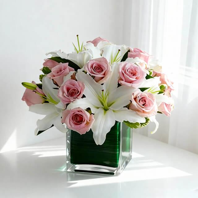 Buket bunga mawar pink dan lili putih dalam vas kaca hijau, layanan online florist untuk hadiah istimewa.