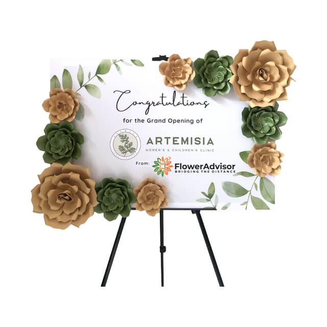 Congratulations sign with paper flowers for Artemisia clinic, from online florist FlowerAdvisor