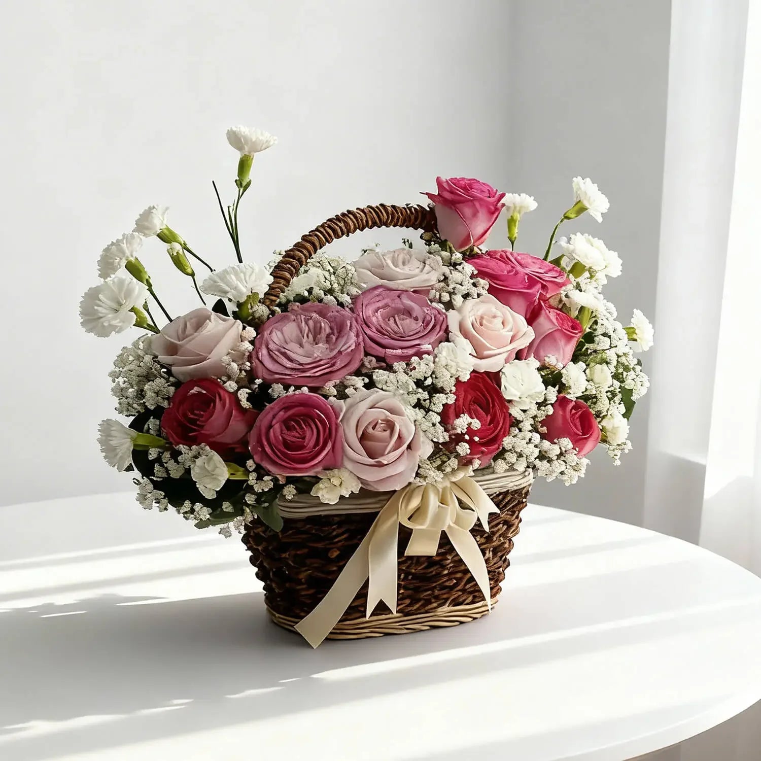 Bunga mawar merah muda dan putih dalam keranjang anyaman, disajikan oleh online florist untuk hadiah istimewa.