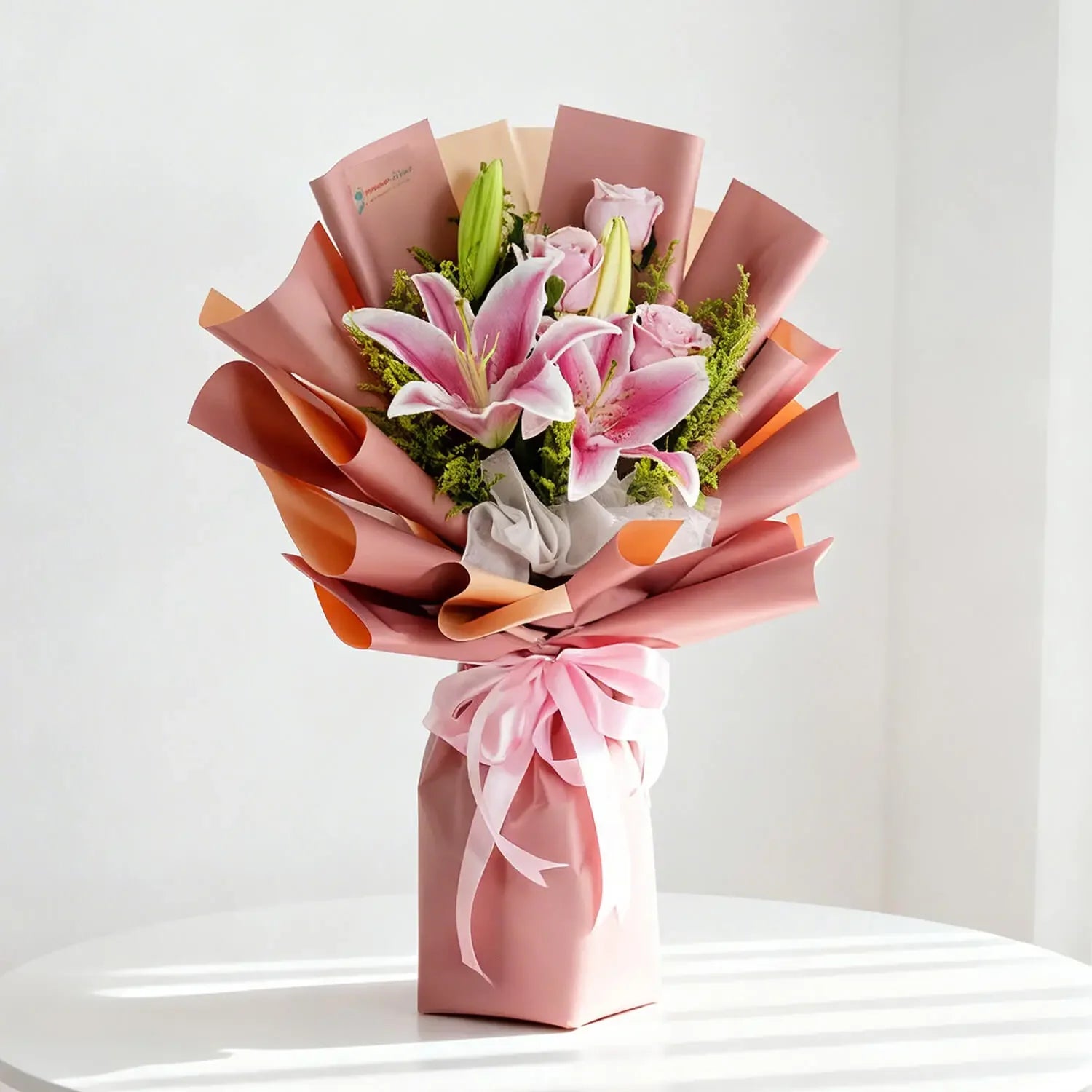 Buket bunga mawar dan lili pink elegan dari online florist, dibungkus kertas warna pastel dengan pita cantik.