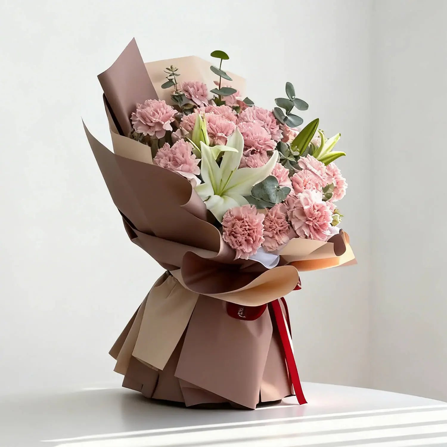 Bouquet bunga mawar pink dan lily putih, online florist terpercaya