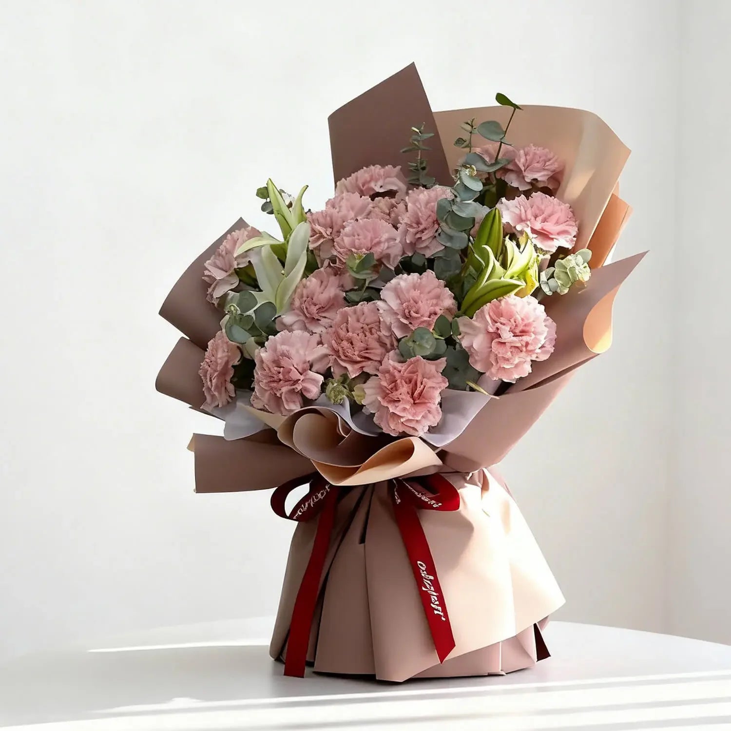 Buket bunga mawar pink dan eucalyptus, dibungkus kertas cokelat dengan pita merah, dari online florist