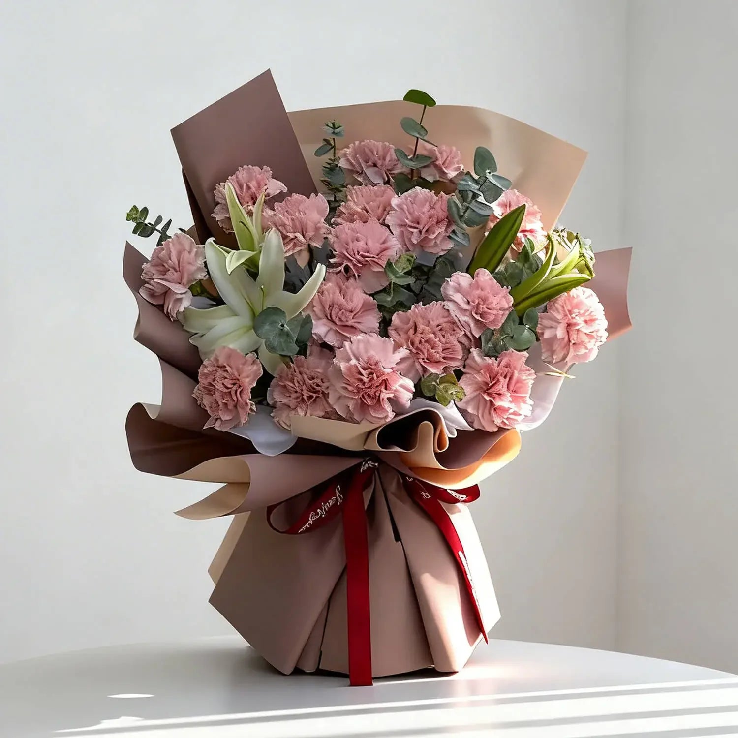 Bouquet bunga mawar pink dan lili putih, online florist terpercaya untuk hadiah spesial