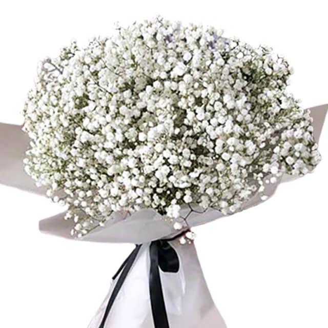 Buket bunga baby's breath putih elegan dari online florist, dikemas rapi dengan pita hitam