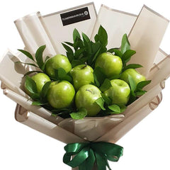 Bouquet apel hijau segar dengan daun, dikemas rapi, online florist terpercaya