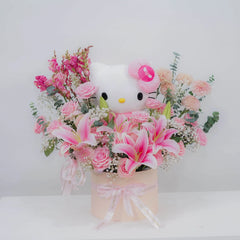 Bunga mawar dan lili pink dengan boneka Hello Kitty, layanan online florist terpercaya