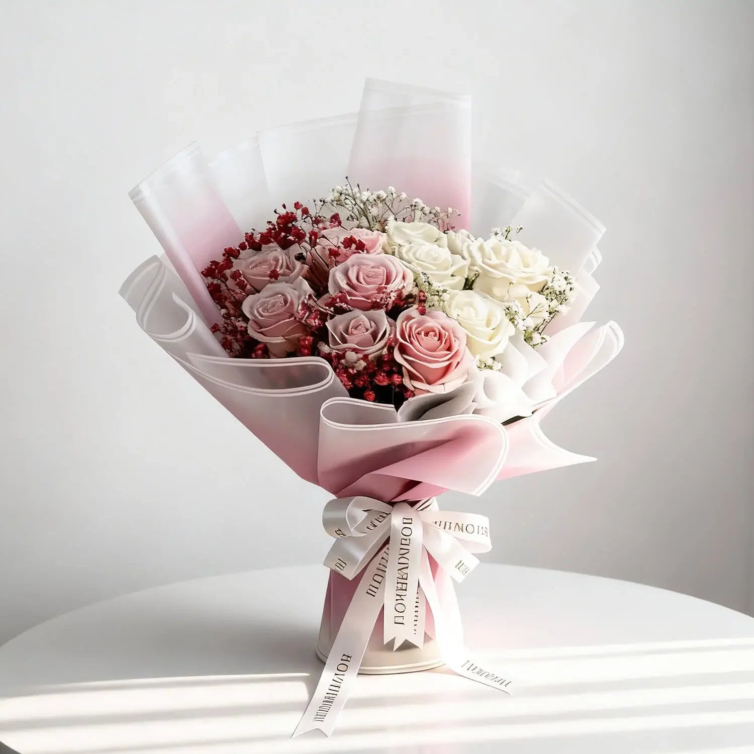 Bouquet mawar pink dan putih elegan dari online florist, dikemas dengan pita cantik