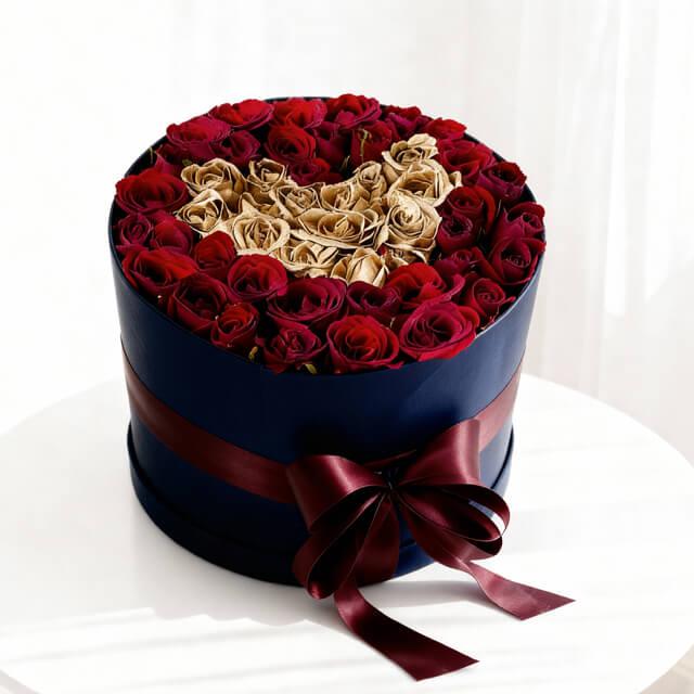 Bunga mawar merah dan emas dalam kotak hati, layanan online florist terpercaya untuk hadiah romantis