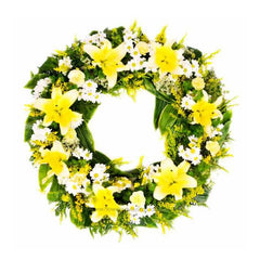 Wreath bunga kuning dan putih dari online florist, cocok untuk berbagai acara