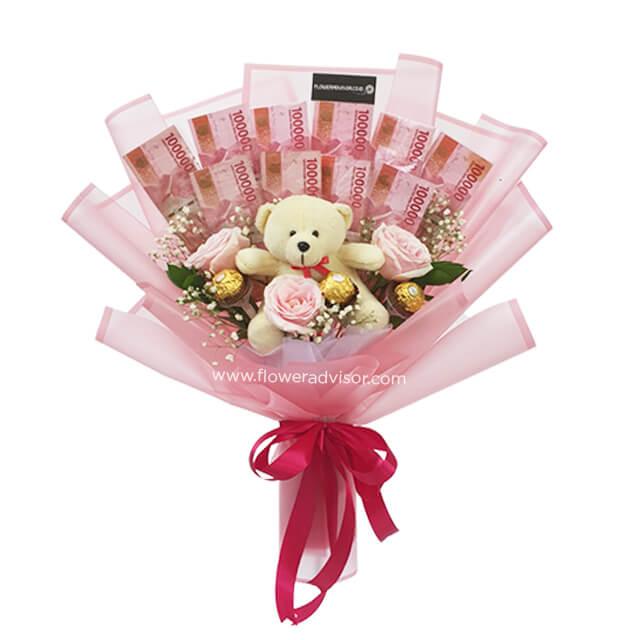 Bouquet bunga mawar pink dengan boneka beruang dan uang, layanan online florist terpercaya