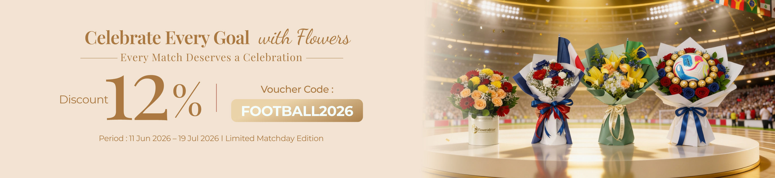 Bouquet bunga untuk perayaan pertandingan, online florist terpercaya dengan diskon 12%
