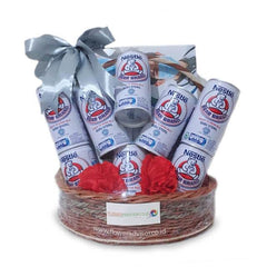 Keranjang hadiah susu Nestlé Bear Brand dengan pita abu-abu, hadiah unik dari online florist terpercaya