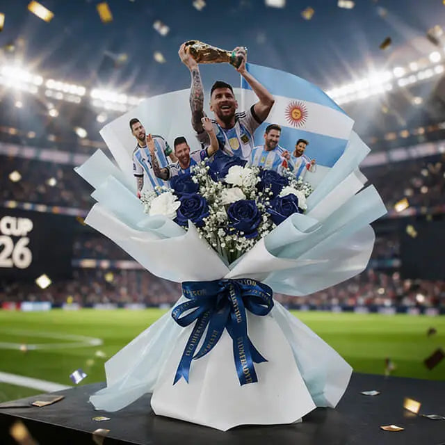 Bouquet bunga biru putih dengan tema timnas Argentina, ideal dari online florist untuk penggemar sepak bola.