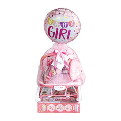 Hadiah bayi perempuan dengan balon 'Baby Girl', kereta dorong mainan, dan boneka. Online florist pilihan untuk ucapan selamat lahir.
