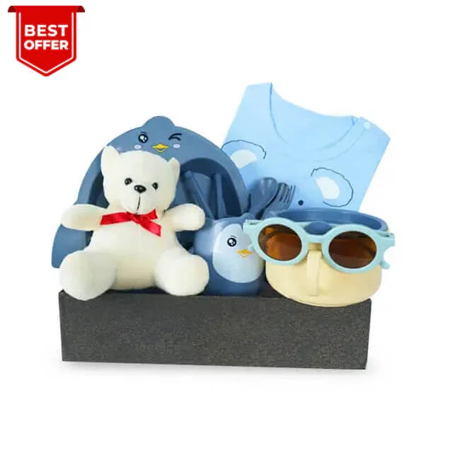 Hadiah bayi lucu dengan boneka beruang, kacamata, dan baju biru - online florist