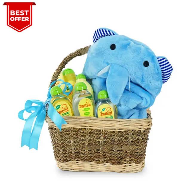 Keranjang hadiah bayi dengan mainan gajah biru dan botol Zwitsal, penawaran terbaik dari online florist