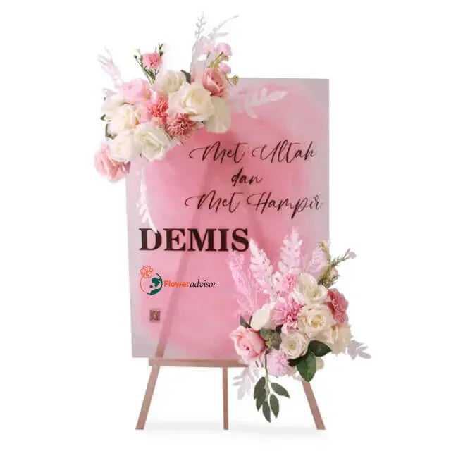 Bunga papan duka cita elegan dengan rangkaian bunga mawar pink dan putih, cocok untuk pengiriman oleh online florist