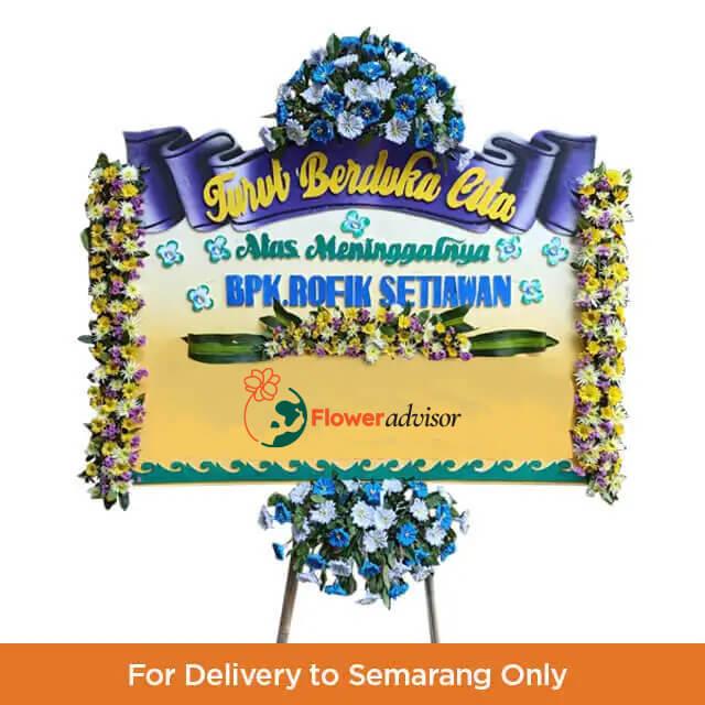 Karangan bunga duka cita online florist untuk pengiriman ke Semarang, hiasan bunga biru putih elegan