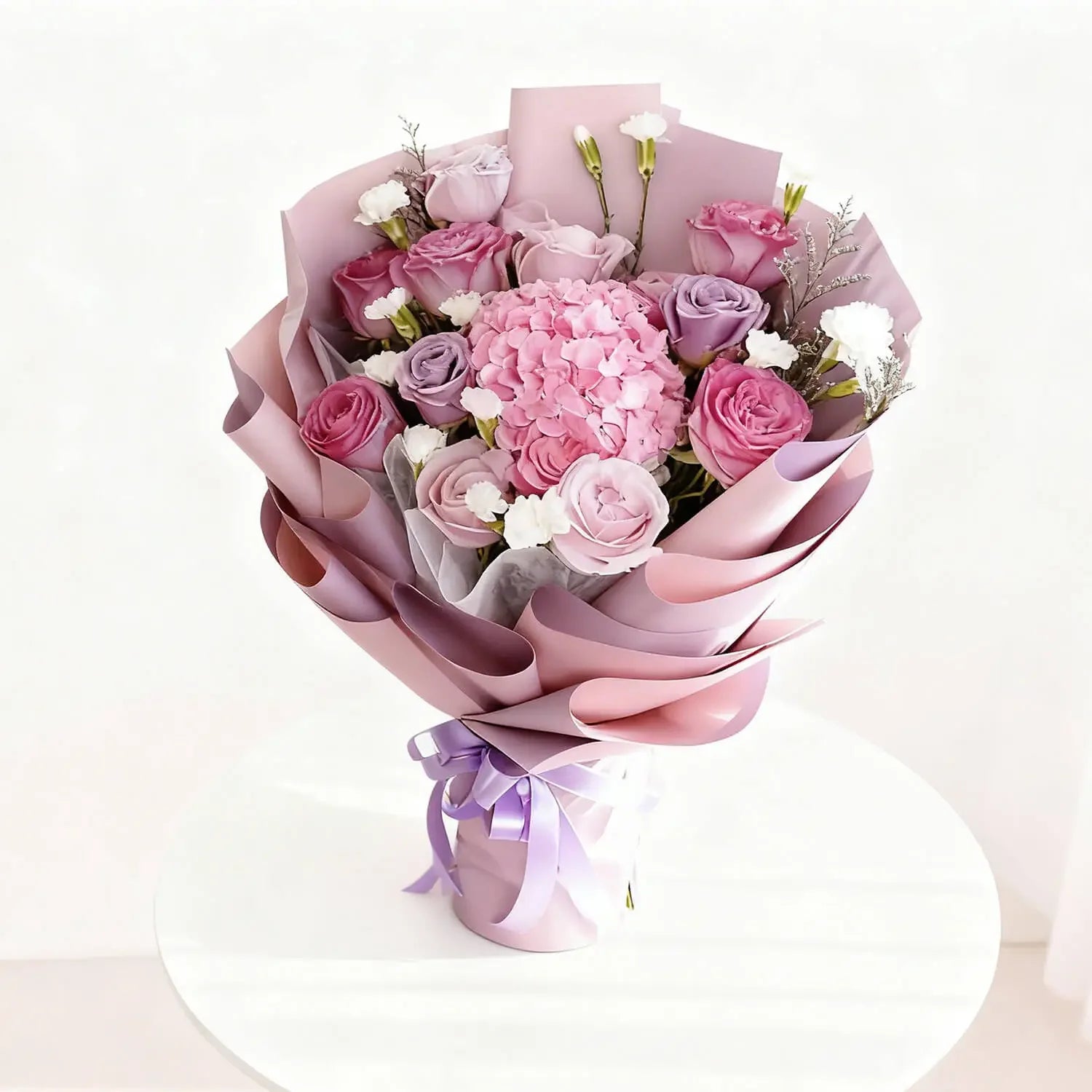 Bouquet bunga mawar ungu dan pink elegan dari online florist, dikemas cantik dengan pita