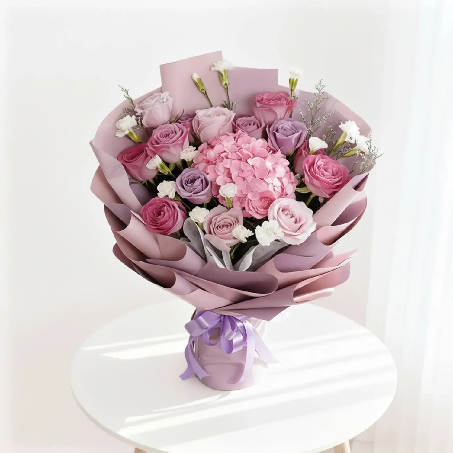 Buket bunga mawar dan hortensia warna ungu muda, dikemas elegan oleh online florist