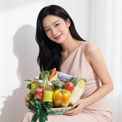 Wanita memegang keranjang buah dan sayur segar, layanan online florist terpercaya