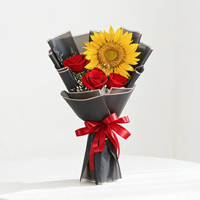 Sunflower Bouquet with 3 Red Roses - Sunrose Bloom