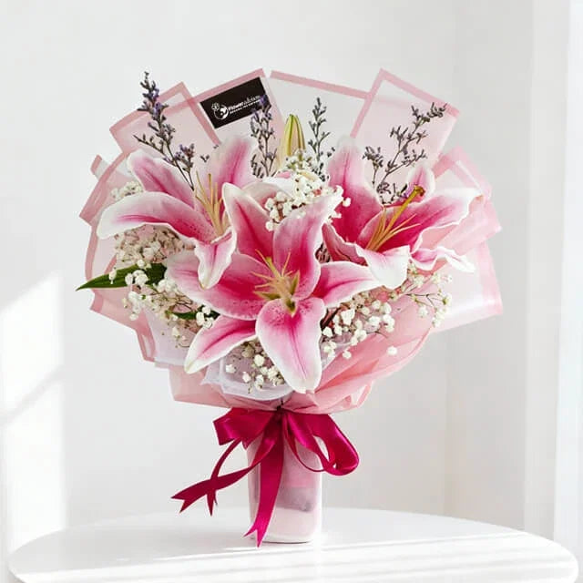 3 Lilies Bouquet with Baby Breath - Harvest Bounty