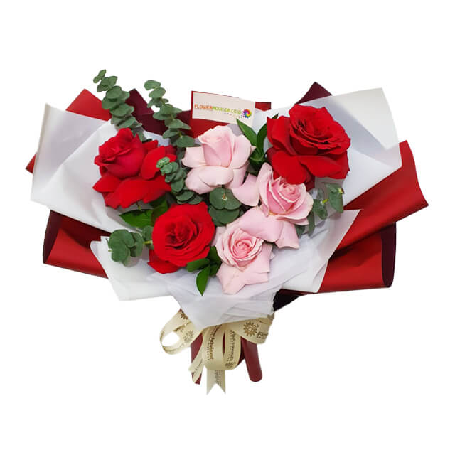 3 Red Roses 3 Pink Roses and Silver Dollar Bouquet  - Juliet