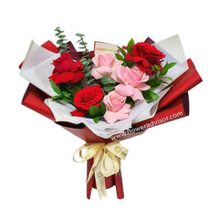 3 Red Roses 3 Pink Roses and Silver Dollar Bouquet  - Juliet