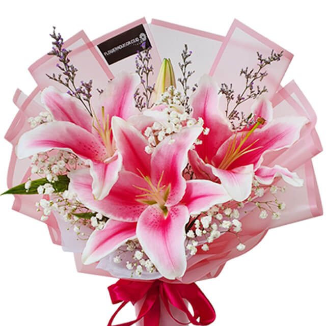 3 Lilies Bouquet with Baby Breath - Harvest Bounty