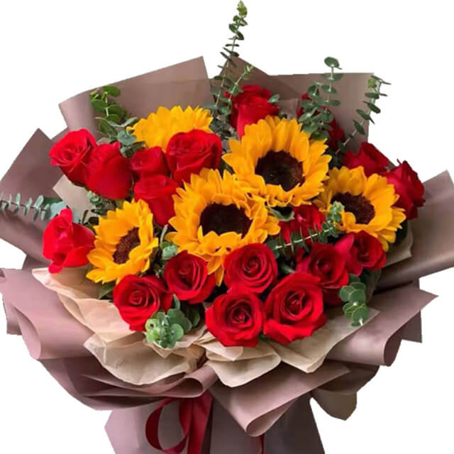 Mixed Red Roses and Sunflowers Bouquet - SunRose Picks