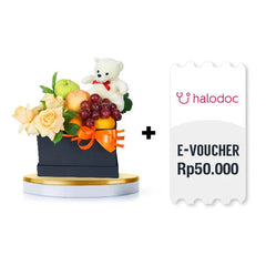 Bunga dan buah dengan boneka beruang, hadiah dari online florist + e-voucher Halodoc Rp50.000