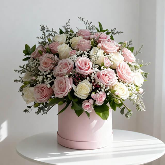 Bouquet mawar pink dan putih dalam kotak, online florist terpercaya