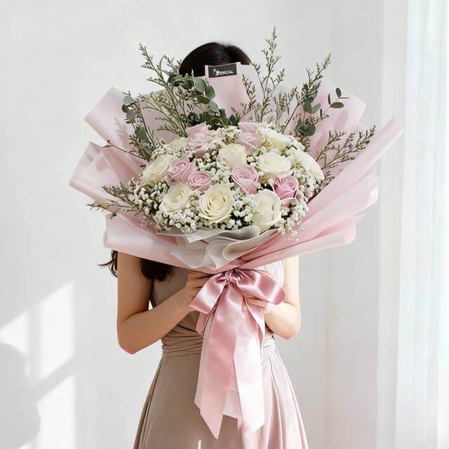 8 Pink Roses and 8 White Roses Bouquet - The Feeling