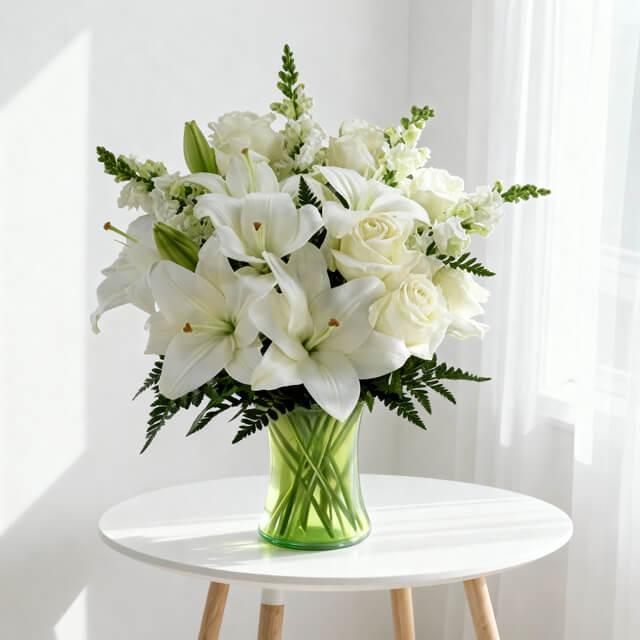Bouquet bunga putih elegan dalam vas hijau, online florist terpercaya untuk pengiriman bunga