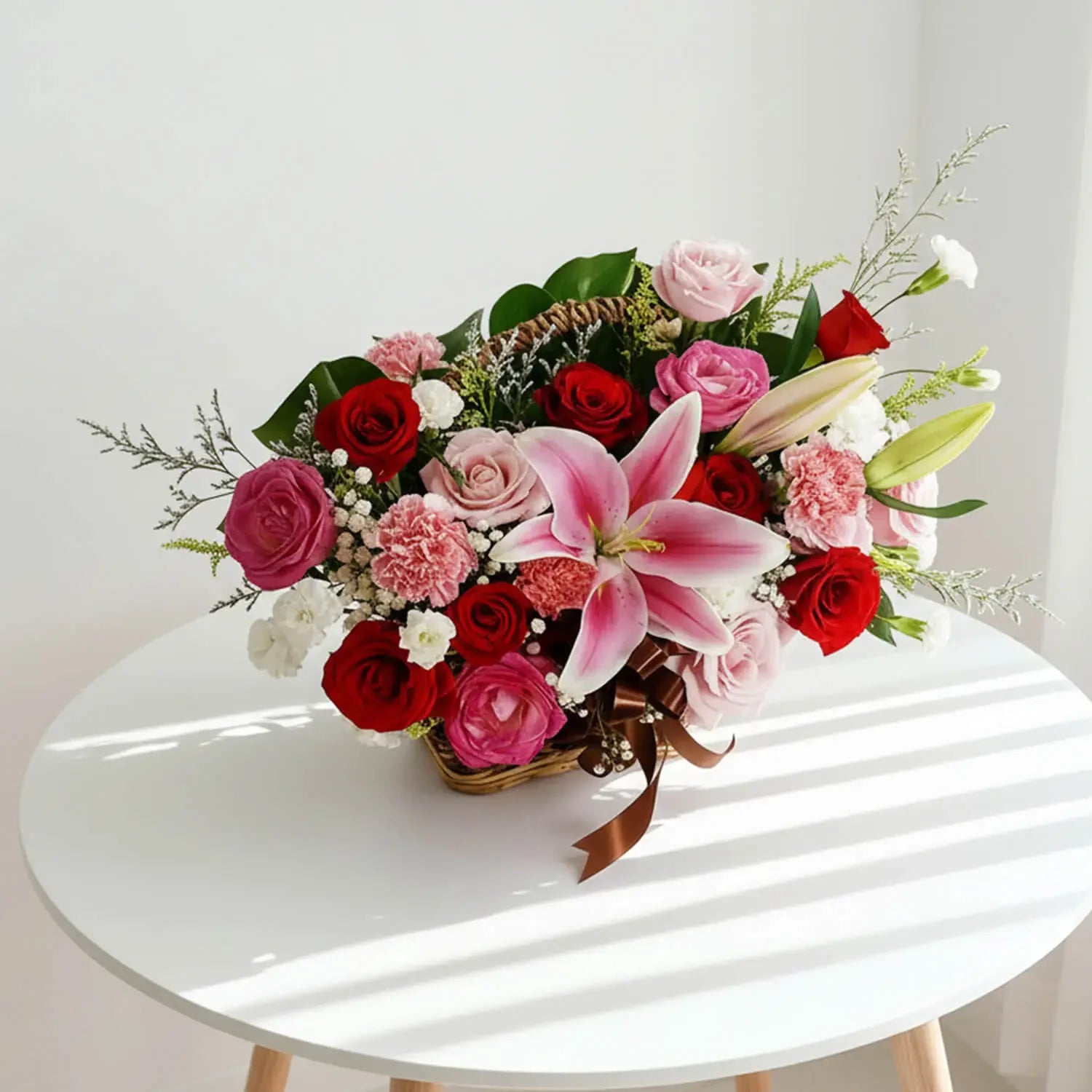 Bunga segar dalam keranjang dengan mawar merah, lili pink, dan karnasi, dari online florist