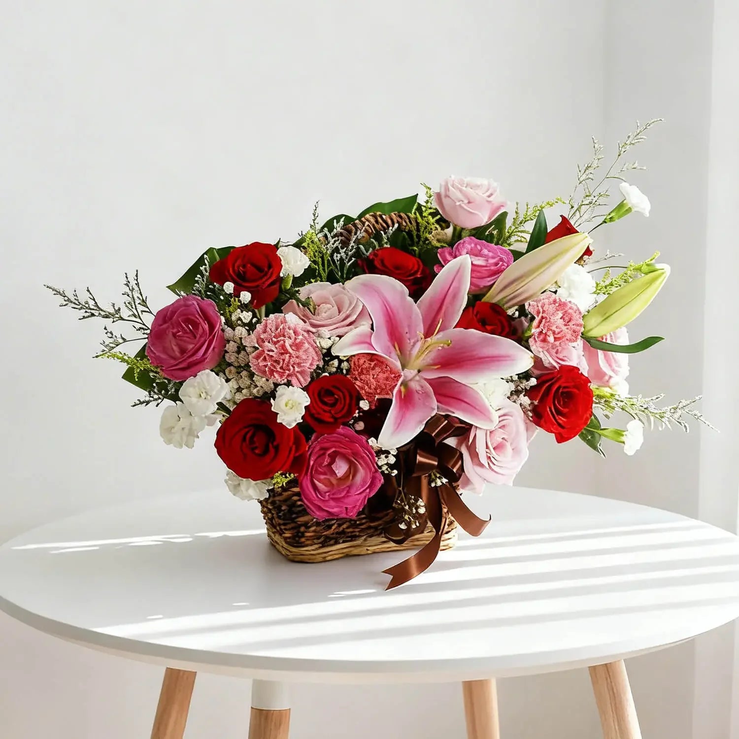 Bunga segar dalam keranjang anyaman, rangkaian mawar merah, lili pink, dan karnasi, ideal untuk hadiah dari online florist